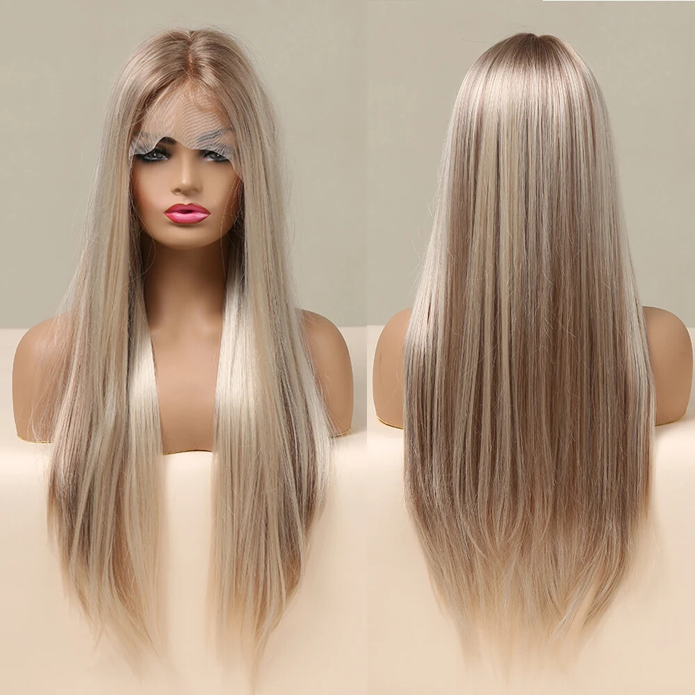 Brown Blonde Straight Lace Front Wig with Baby Hair Synthetic Long Hair