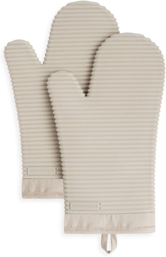 KitchenAid Ribbed Soft Silicone Oven Mitt Set 7.5x13 Milkshake Tan