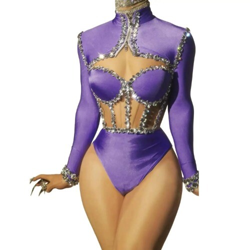 Sparkly Rhinestone Bodysuit Dance Costume Leotard Outfit Set