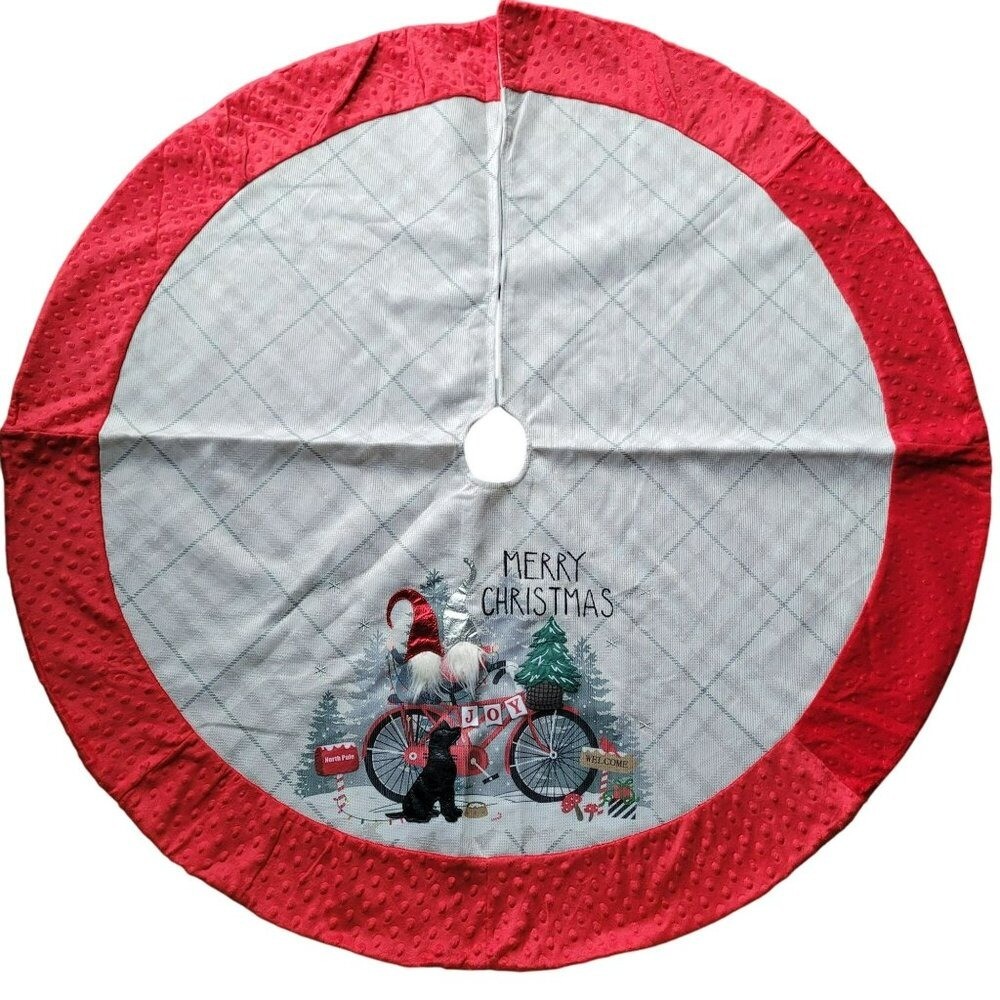 Festive Holiday Tree Skirt with Gnome Riding Bike and Black Dog Design 48 Inch