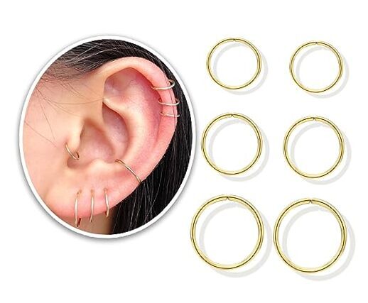 3 Pairs Sterling Silver Small Hoop 14k Gold Plated 3 Pairs -- (6, 7, 8 mm)
