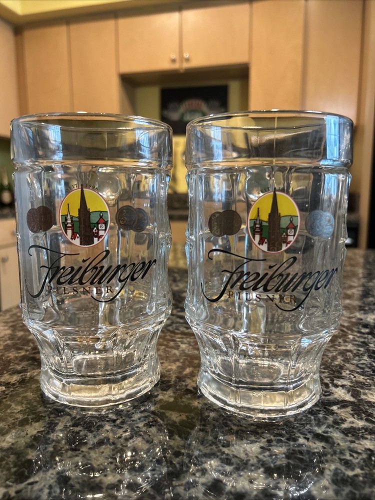 Vintage Freiburger Pilsner Beer Stein Pair Mug Glass 22oz SOHM 6.25 Inch