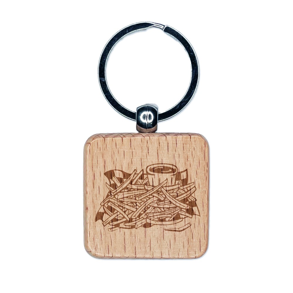 French Fries Potato Chips Pommes Frites Ketchup Engraved Wood Square Keychain