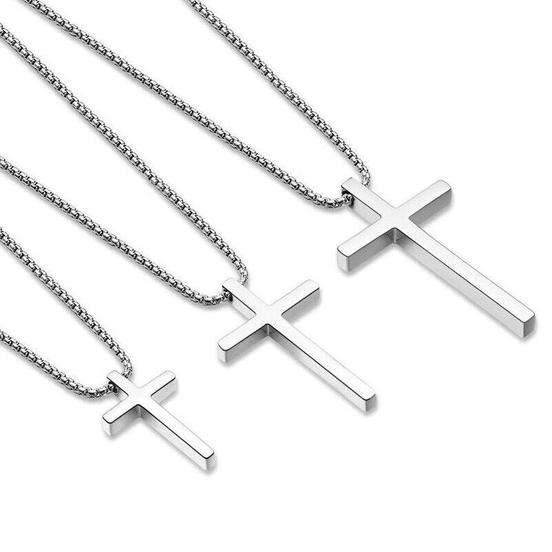 Men Women Plain Silver Stainless Steel Cross Pendant NecklaceBox Chain 16