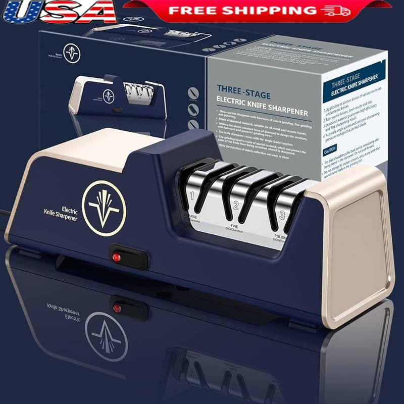 3-Stage Electric Knife Sharpener Diamond Abrasives Easy Use Energy Saving