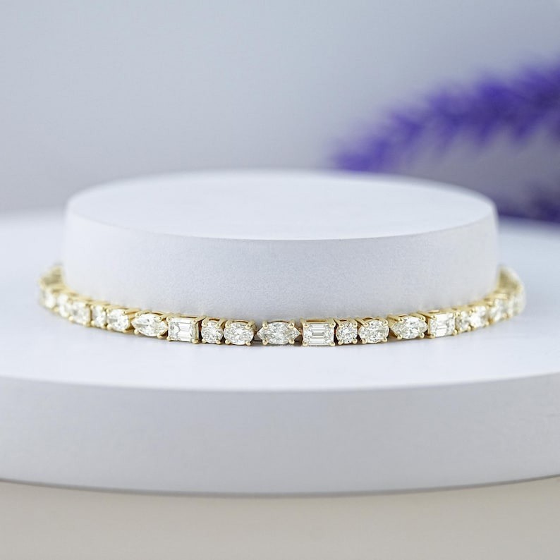 Elegant Multi Shape 14k Yellow Gold Diamond Bracelet Lab Grown 2 Carat E F VVS2