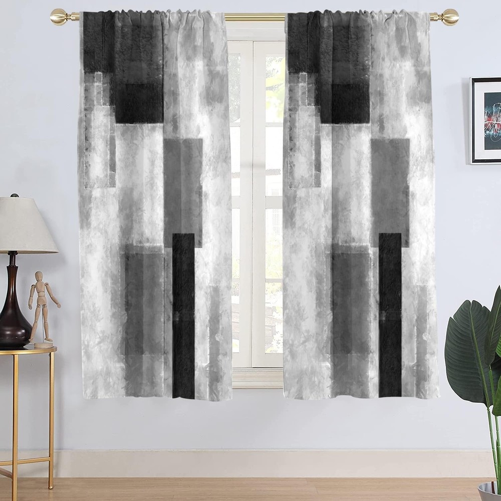 Black Grey and White Window Curtain Gray Abstract Geometric Silver Art