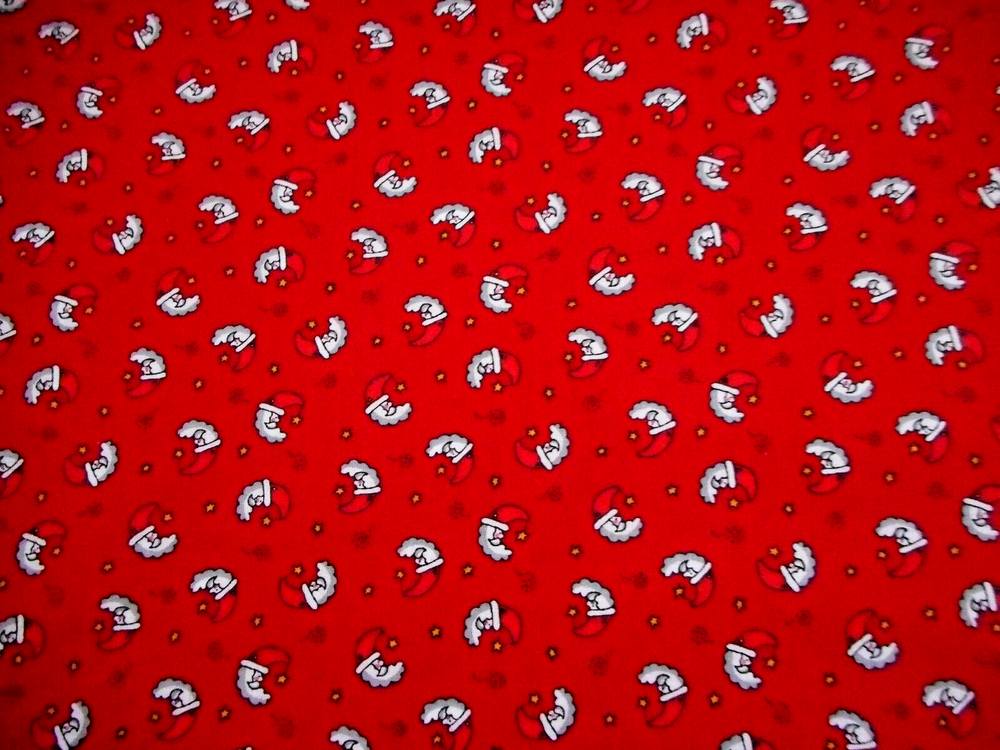Christmas Fabric By Yard Moon Shaped Santa Gold Stars on Red Cotton #20 Vtg #C