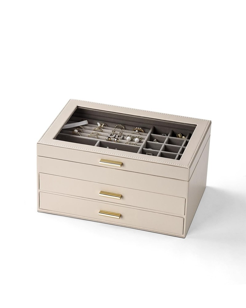 3-Layer Clear Lid Jewelry Organizer Box with 2 Drawers for Necklaces Rings Earrings