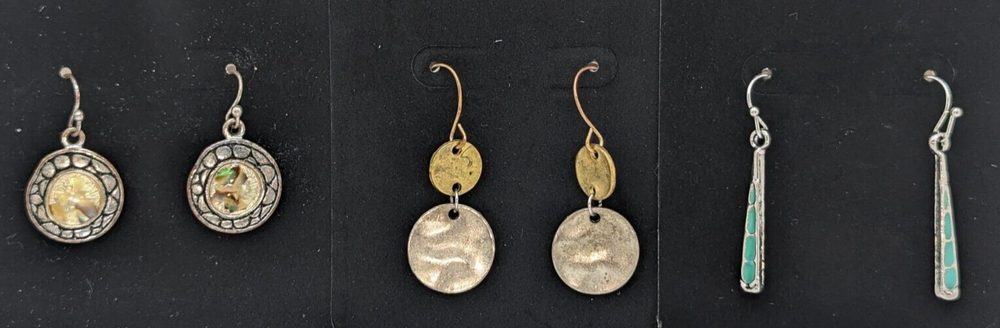 3 Pairs Costume Jewelry Dangle Earrings Enamel Abalone Gold-Tone & Silver-Tone