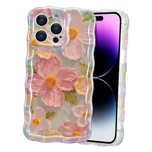 Case for Colorful Retro Oil Painting Printed Flower iPhone 14 Pro Max Green