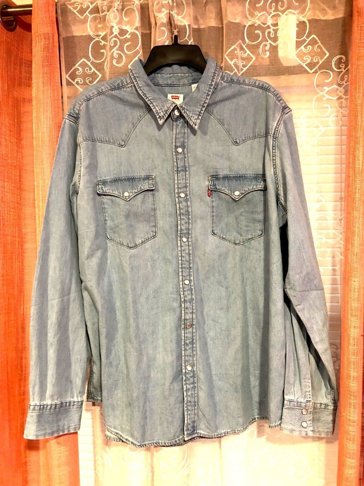 Levis Mens The Western Snap Front Denim Light Blue Cotton Shirt Classic Size: S