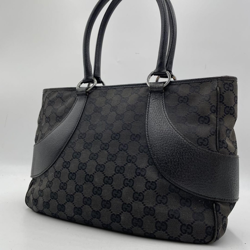 Gucci GG Canvas Leather Tote Bag Black A4 Size Pre-Owned