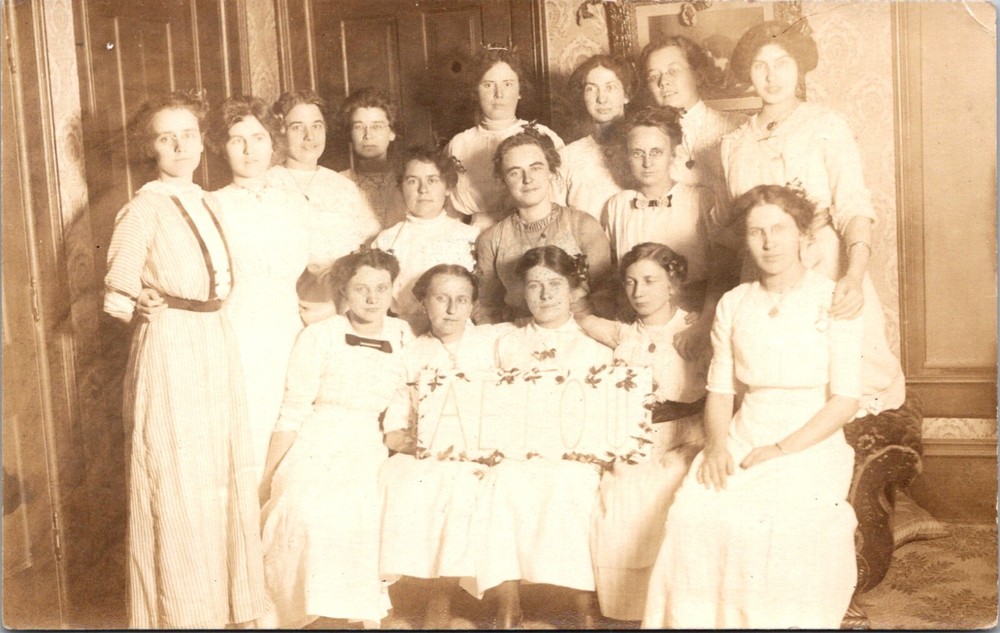 RPPC Postcard Edwardian Era Group Teachers Holding Sign Vowels A E I O U   23172