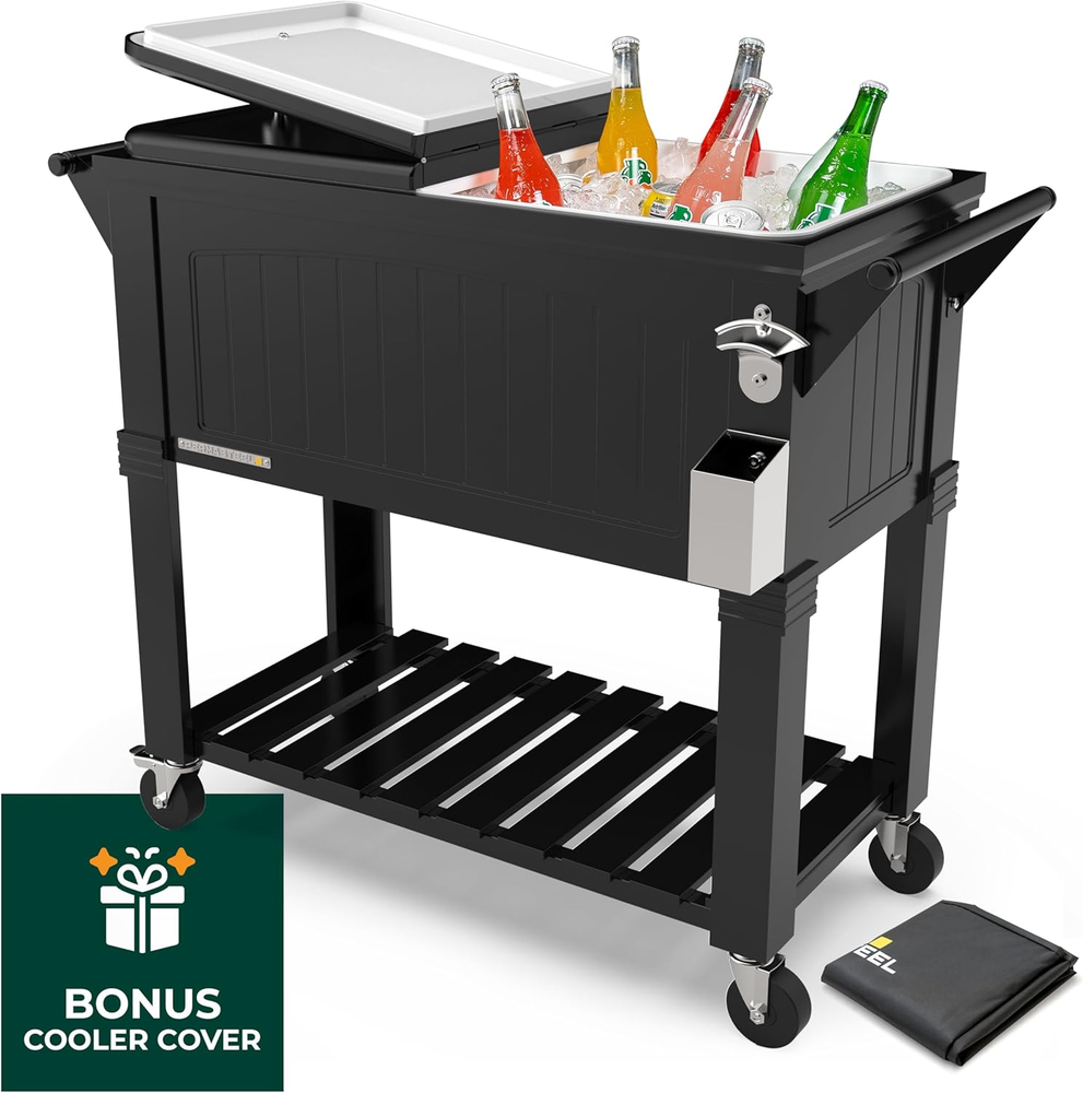 Permasteel 80-Qt Rolling Patio Cooler with Storage Shelf, Large Beverage Cart fo