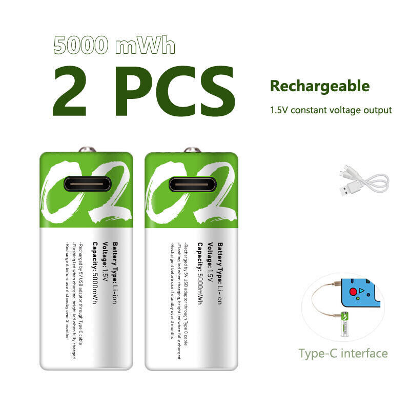 2PCS 5000mWh USB C2 Li-ion 1.5V Fast Charge Type C Cable Rechargeable Battery