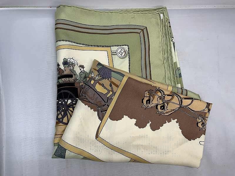 Limited Time HERMES Carres 90 Scarf Carriage Silk Women's Light Green-image