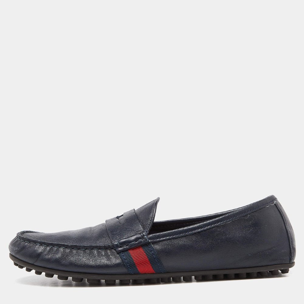 Gucci Blue Leather Web Accent Penny Slip On Loafers Size 41