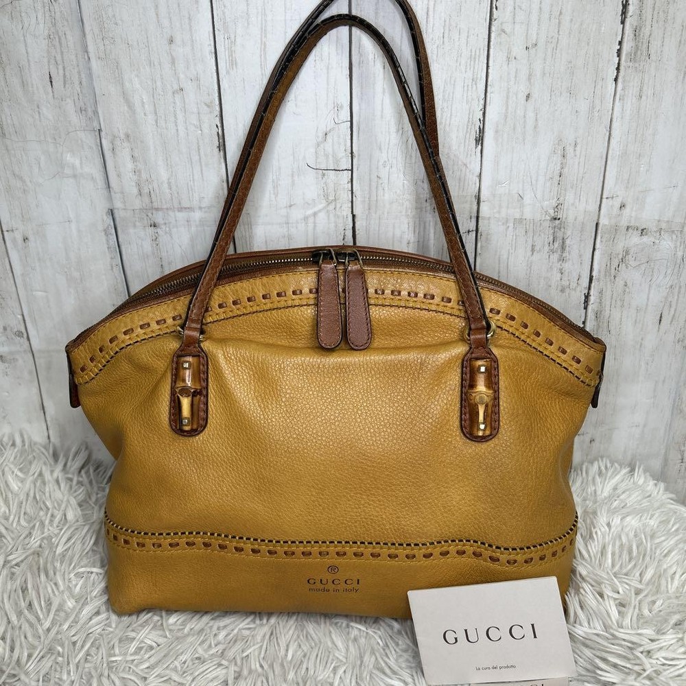 Gucci Bamboo Handle Brown Leather Tote Bag with Logo