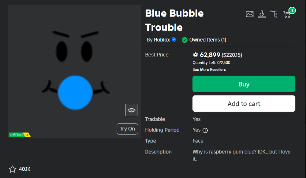 [LIMITED]BLUE BUBBLE TROUBLE-RBLX-(Best Prices|Fast Delivery|Clean Item|Buy Now)
