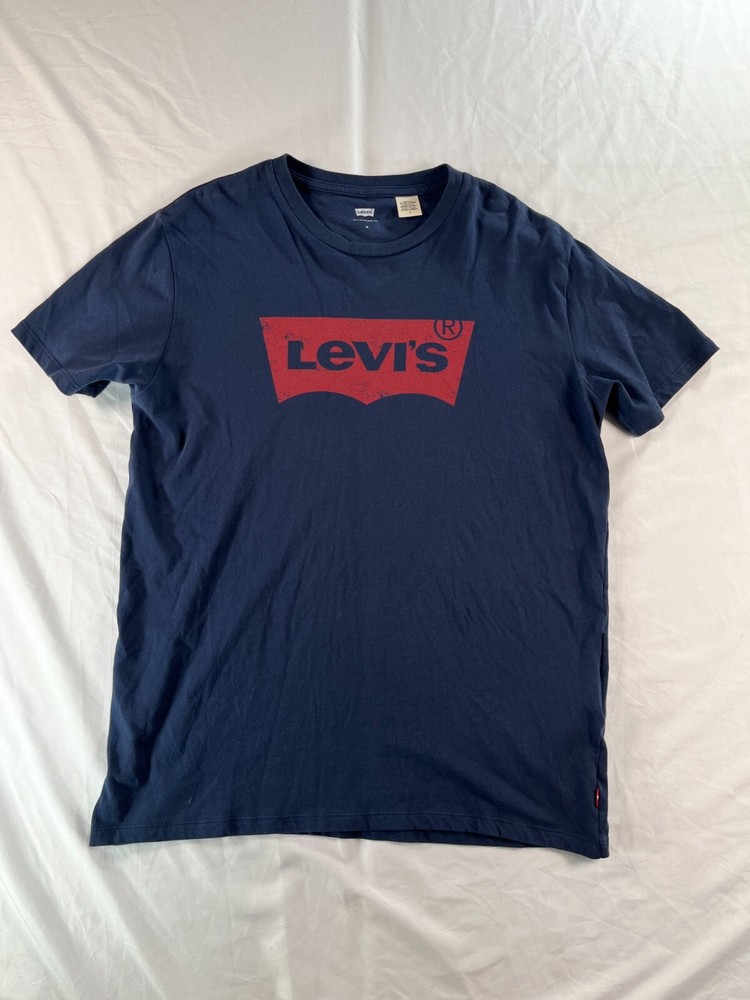 LEVI'S Logo Mens Graphic T-Shirt Top Medium Navy Blue 100% Cotton