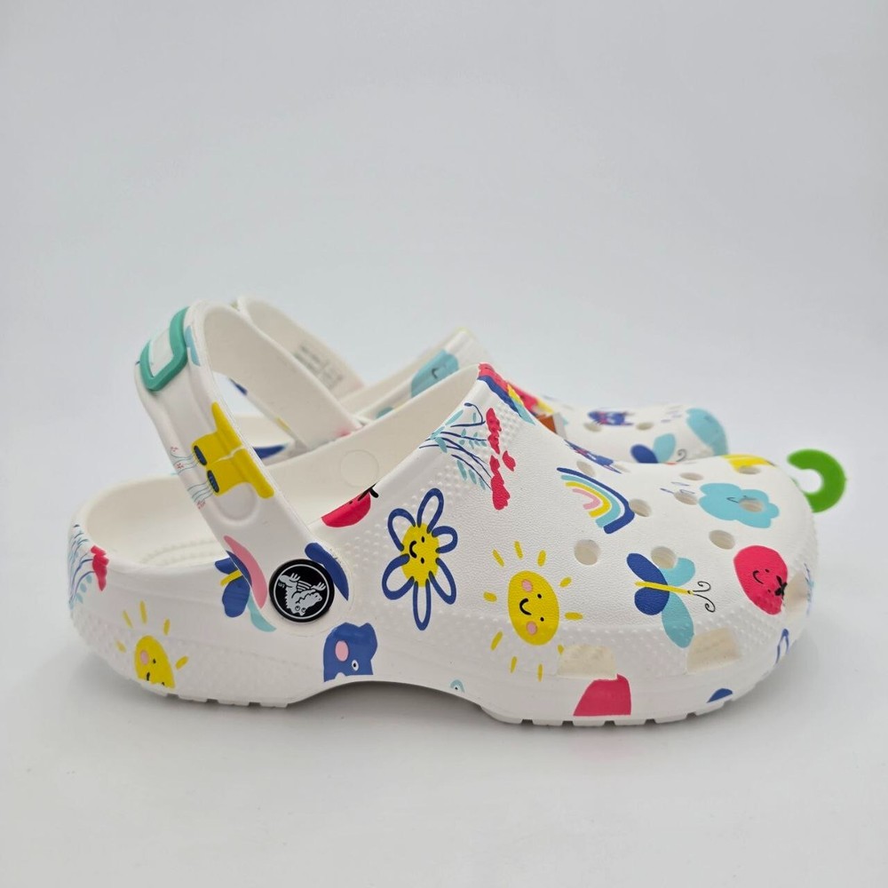 Crocs Classic Doodle Print Clogs Kid's Size 2 White Slip On Casual Comfort