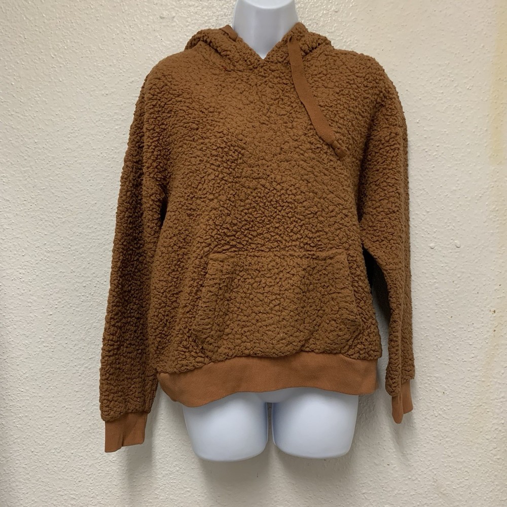 Love Tree Women's Cozy Faux Fur Hooded Pullover Long Sleeve Sweatshirt Brown L