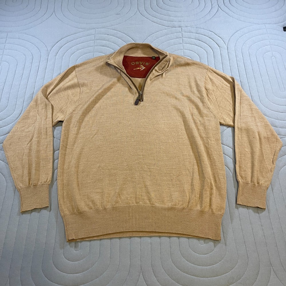 Orvis Sweater Mens Large Brown 100% Merino Wool Quarter Zip Camp Outdoors