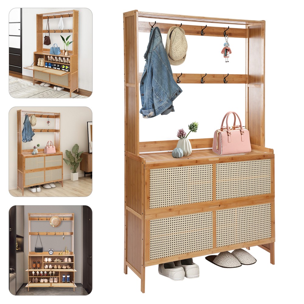 Stylish 4-in-1 Shoe Cabinet with Coat Rack, Hooks, and Storage Shelf