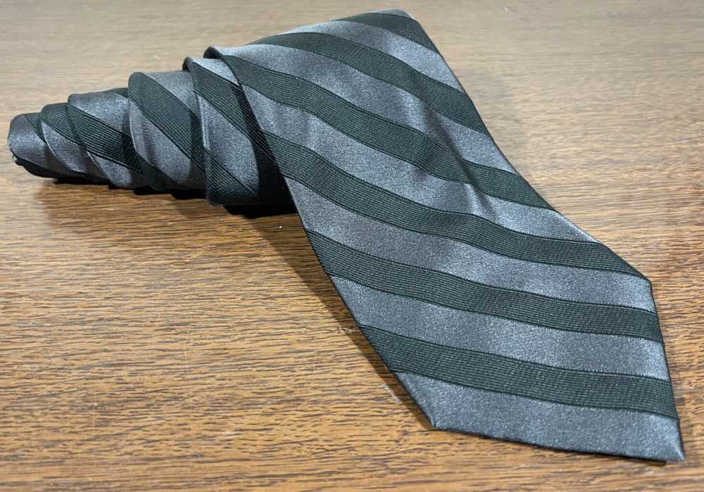 Perry Ellis 100% Silk Black and Gray Striped Designer Neck Tie