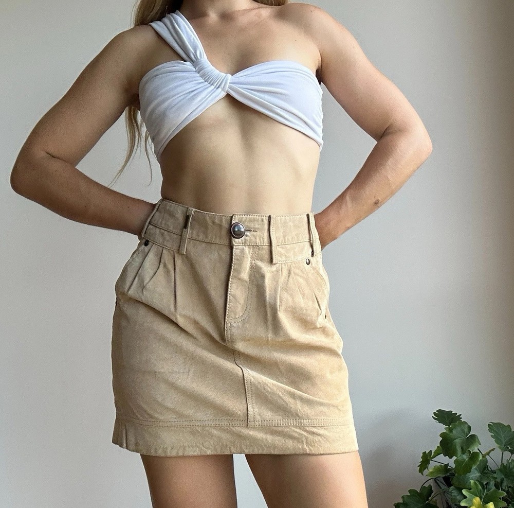 Naf Naf Womens Size 38/10 Beige Tan Genuine Leather Mini Skirt