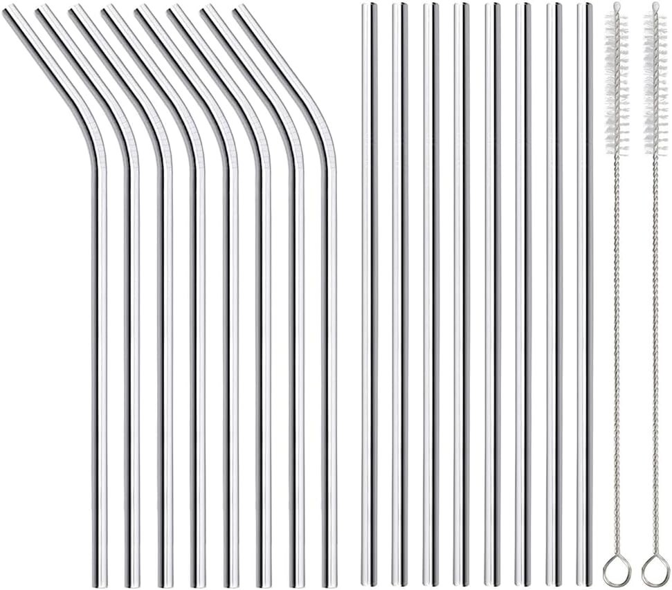 Stainless Steel Metal Straws, 16 Pack of Reusable,8 Straight + 8 Bent 8.5 inch