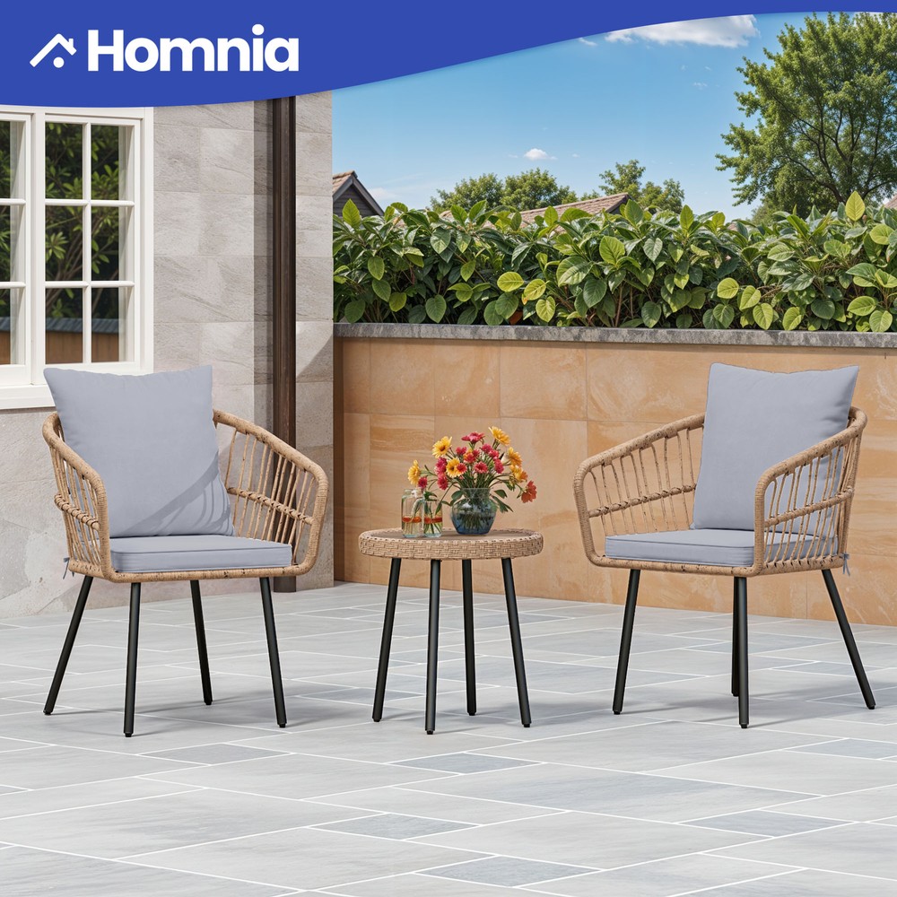 3 PCS Gray Patio Rattan Wicker Bistro Set w/ Thick Foam Chairs & Table