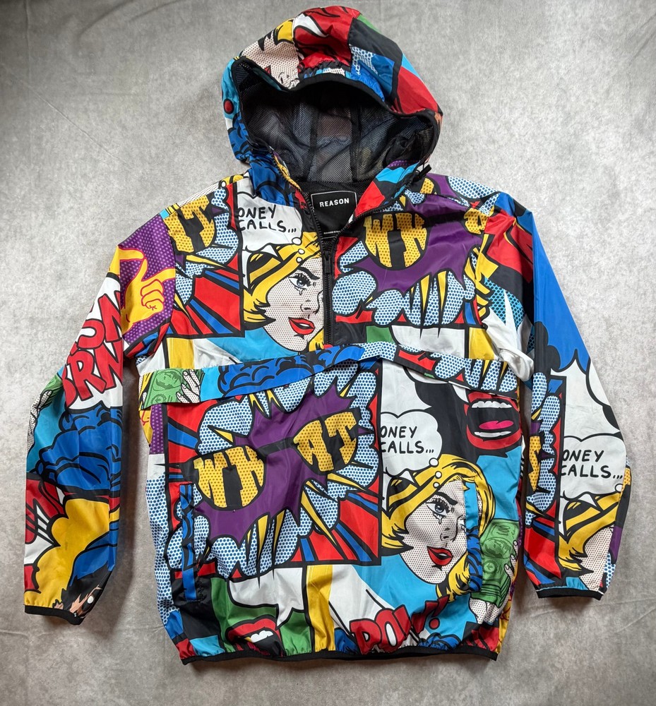 Reason Men’s Windbreaker Jacket Comic Pop Art 1/4 Zip Hooded L