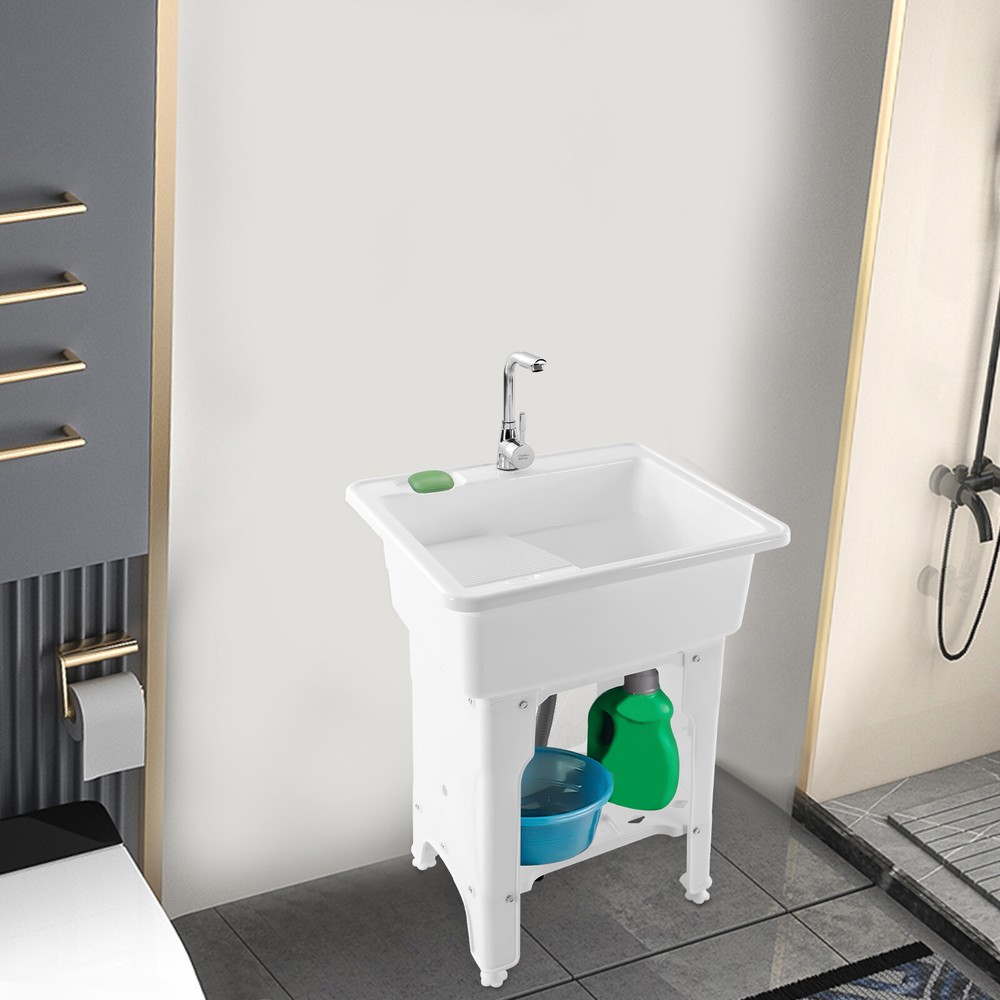 Freestanding Laundry Sink with Washboard Utility Sink with Cold and Hot Water