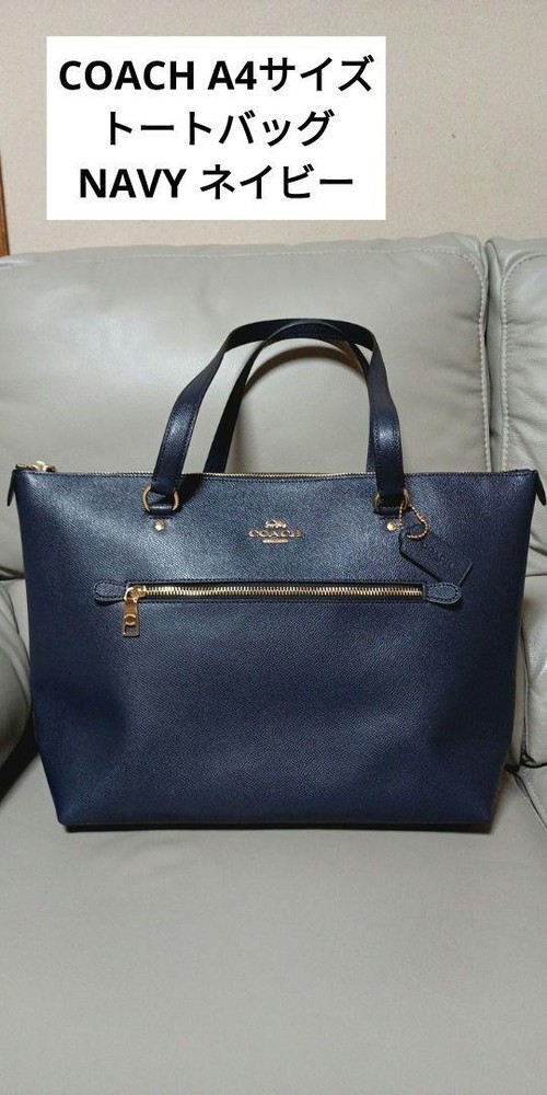 COACH Leather Tote Bag Navy A4 Size with Shoulder Strap