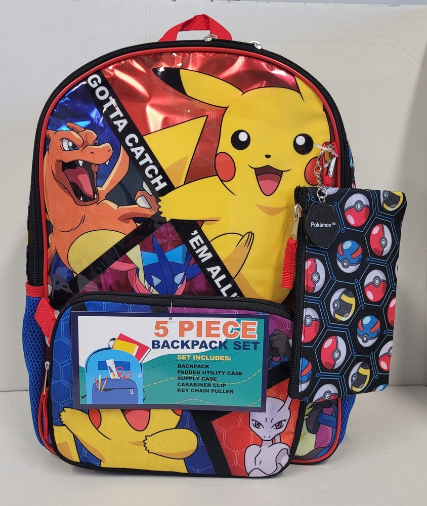 Large Backpack Pokemon Charizard 5pc Utility Pencil Case Lunch Bag Key Chain 16