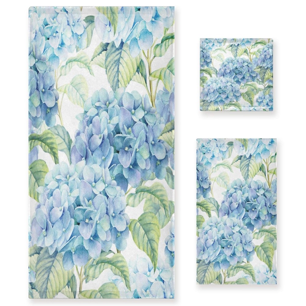 Bathroom Towel Set 3-Piece with Hydrangea Watercolor Design - Bath and Washcloth