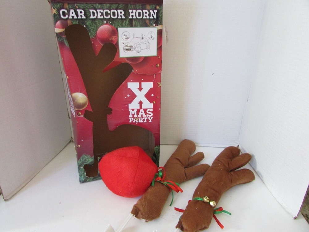 XMAS PARTY CAR DECORATION TWO REINDEER ANTLERS & RED PLUSH NOSE FOR GRILL BOXED