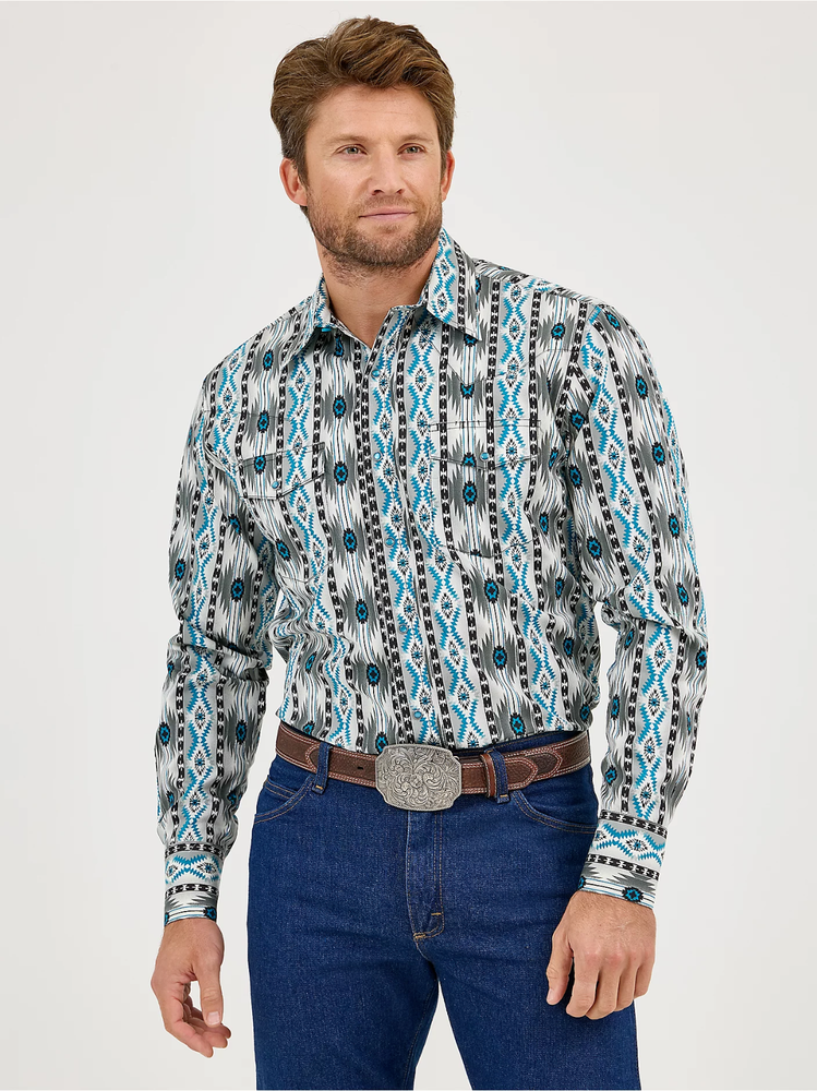Men's Wrangler Checotah Long Sleeve Western Snap Printed Shirt, Grey Contrast