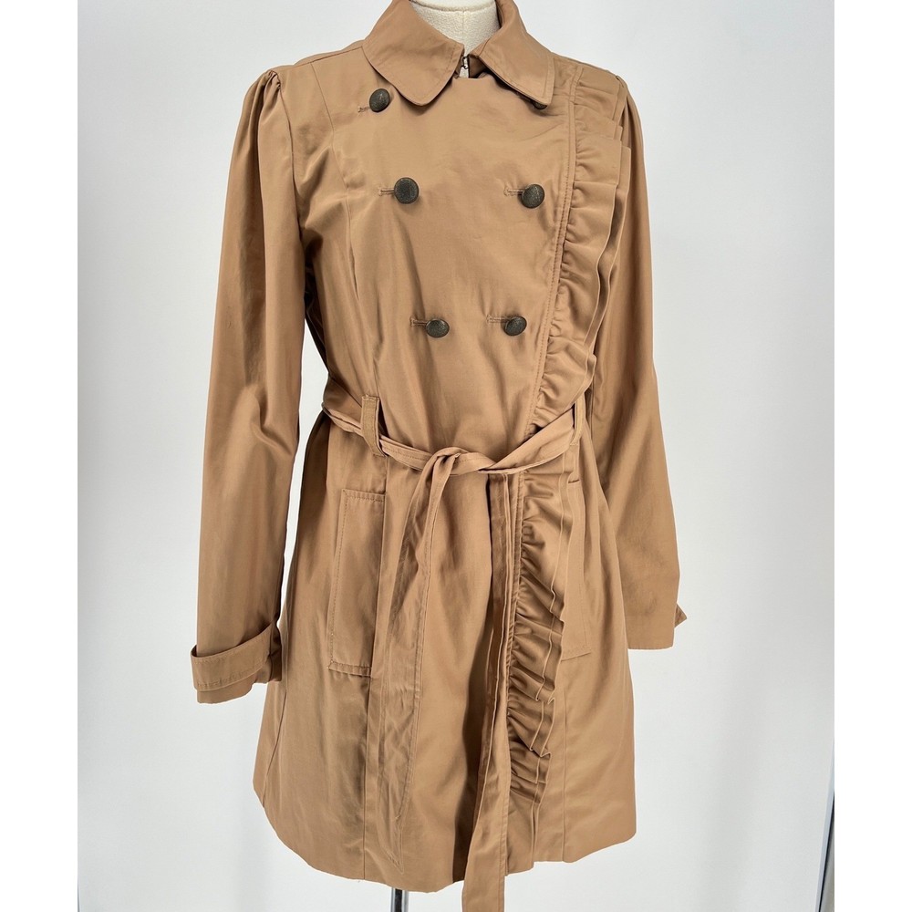 Elevenses Tan Double Breasted Ruffle Trim Trench Coat Belted Womens 12 read*-image