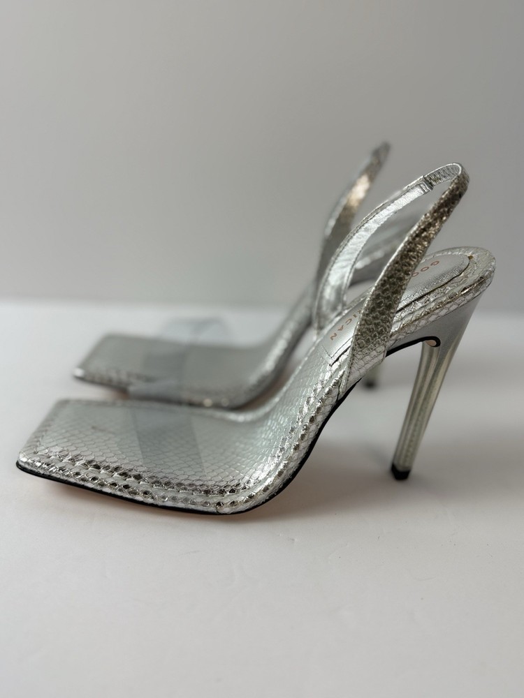 Good American Square Toe Heels Sandals Silver Snake Lucite Women's Sz 9 Stiletto