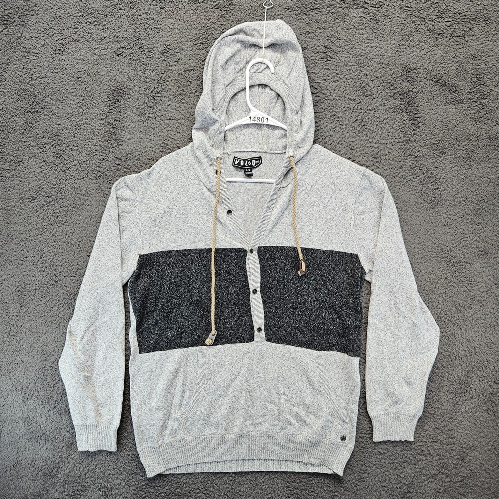 Volcom Undertone Sweater Mens Large Gray Black Button Front Knit Hoodie