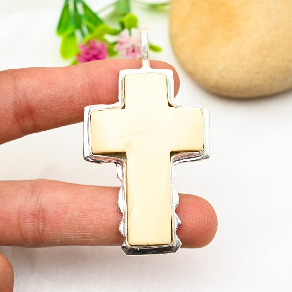 White Coral Gemstone Cross Pendant in 925 Sterling Silver Handmade Jewelry Gift