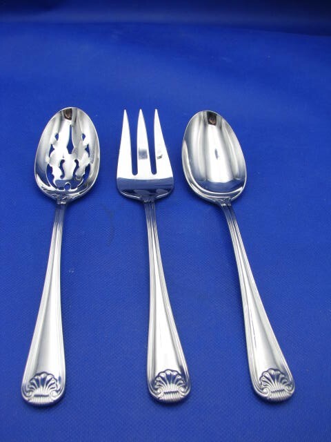 Gorham SHELL Glossy 18/8 Stainless SLOTTED AND VEGETABLE SPOONS & MEAT FORK 3PC