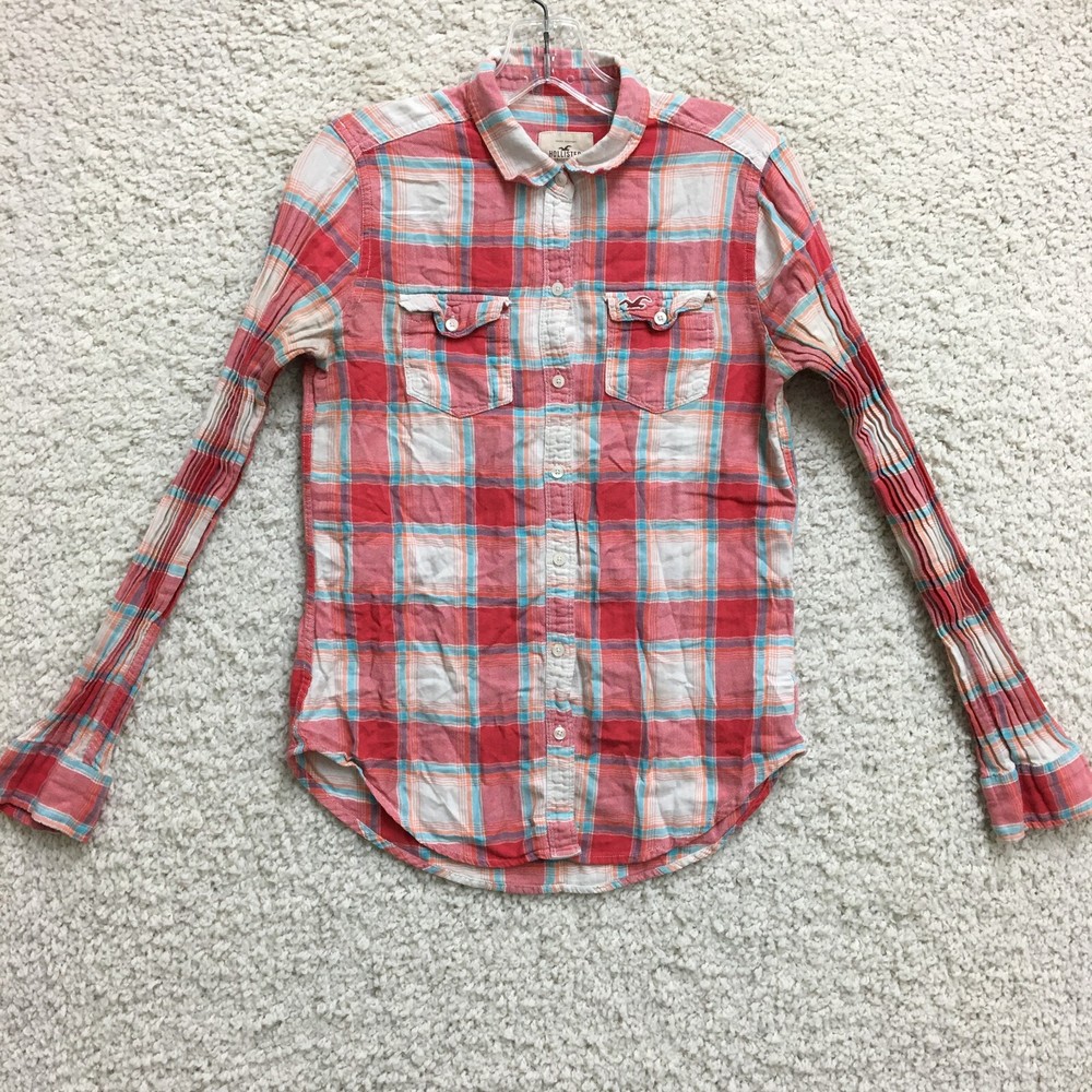 Hollister Button Up Shirt Small Adult Red Plaid Long Sleeve Pockets Casual Women
