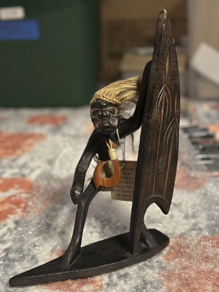 #7C Vintage Hand Carved Wood Surfing Hawaii Tiki Man Figurine