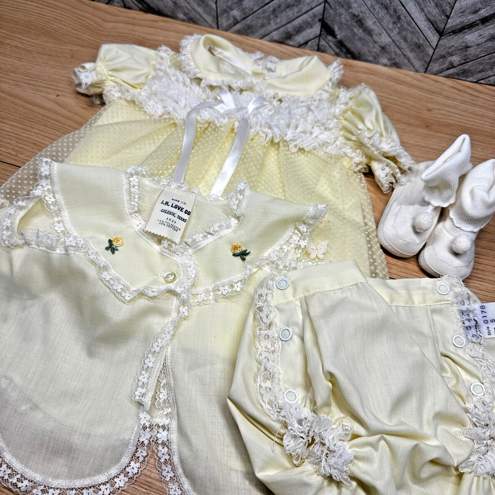 Vtg Bryan Baby Girls Dress 6M Ruffled Yellow Bow Layered Lace Puffy Sleeve