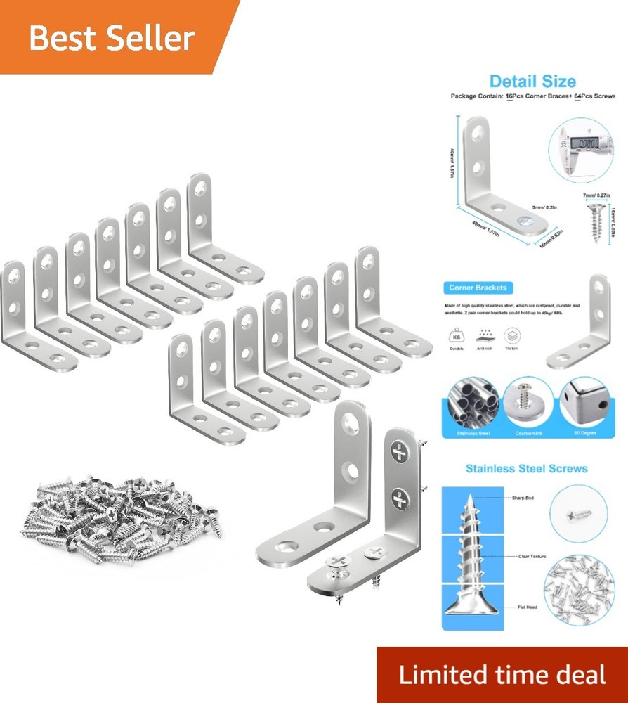 Easy-install Stainless Steel L Brackets - 16-Pc Set for Furniture Reinforcement