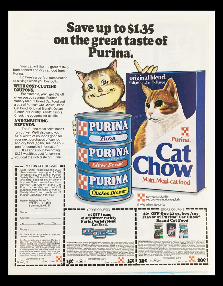 1980 Purina Brand Cat Food Tuna Circular Coupon Advertisement-image